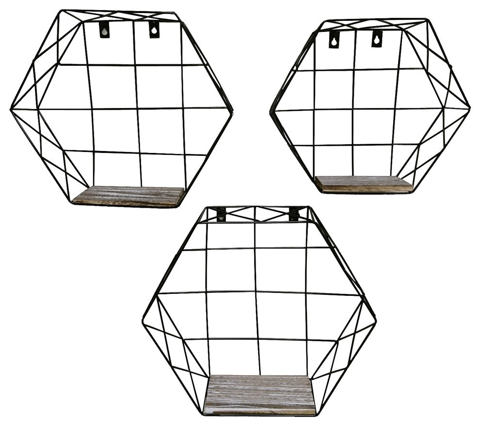 Hexagon Wall-Mounted Hanging Shelves, 3-Piece Set, Black