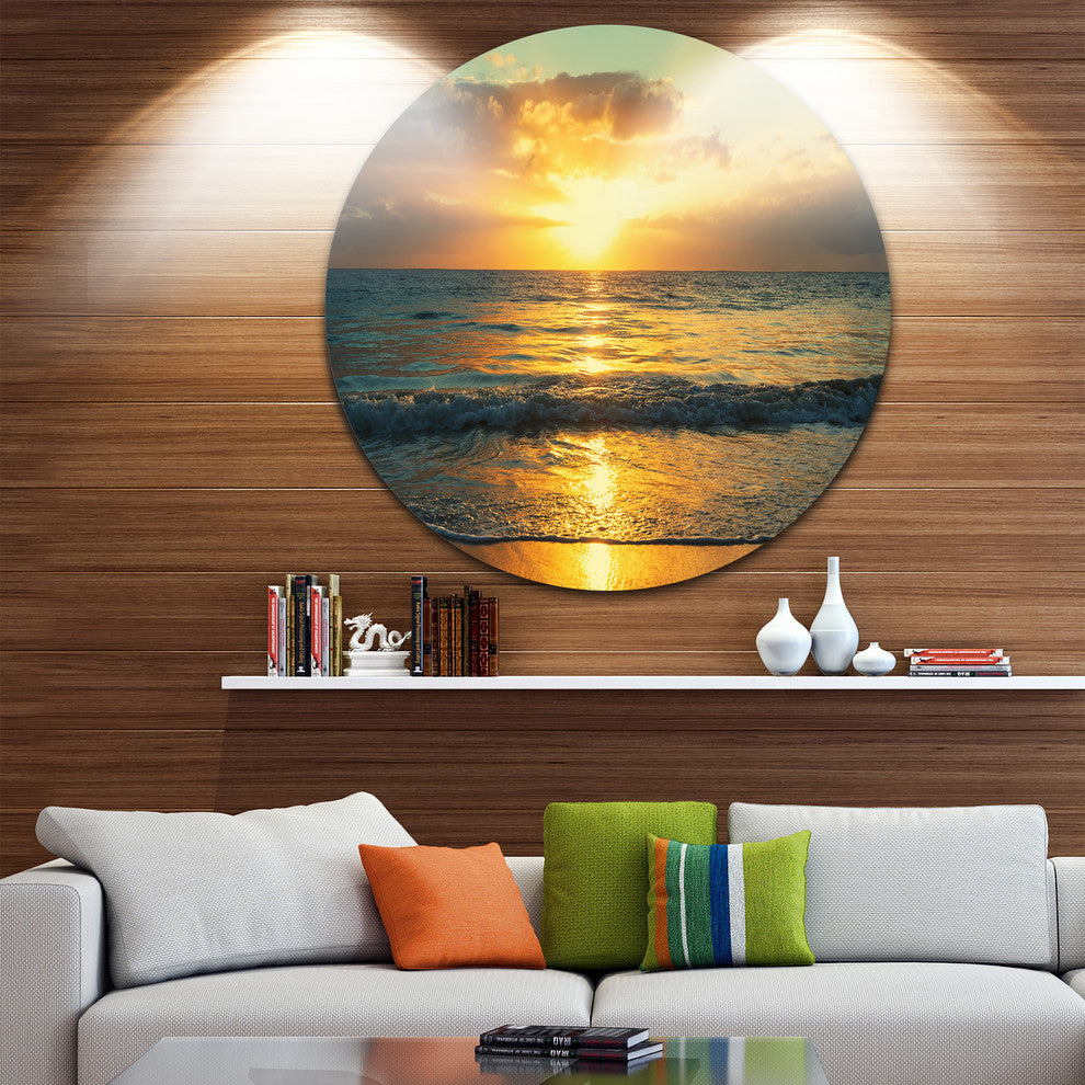 Exotic Water And Sky Sunset Panorama, Seashore Round Metal Artwork, 23"