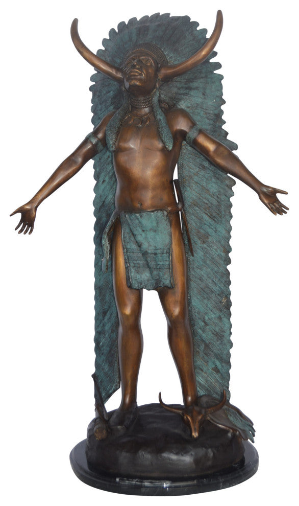 Indian with Plume bronze statue - Size: 22"L x 14"W x 38"H.