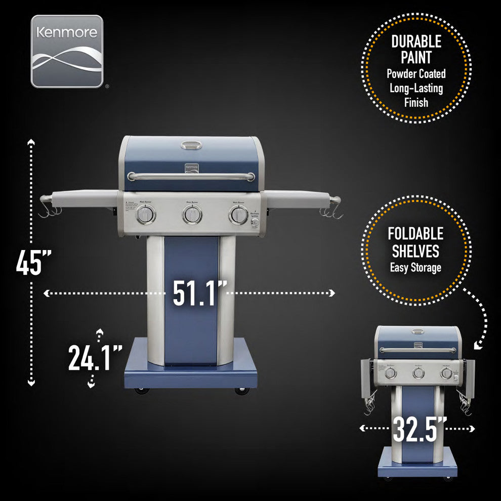Kenmore 3 Burner Gas Grill with Side Shelves, Azura