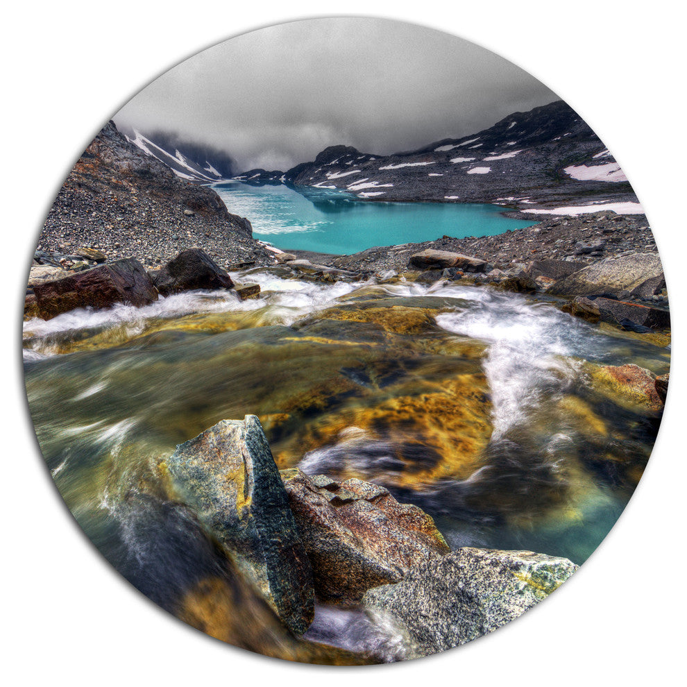 Mountain Creek Flowing Into Lake, Landscape Round Metal Wall Art, 36"