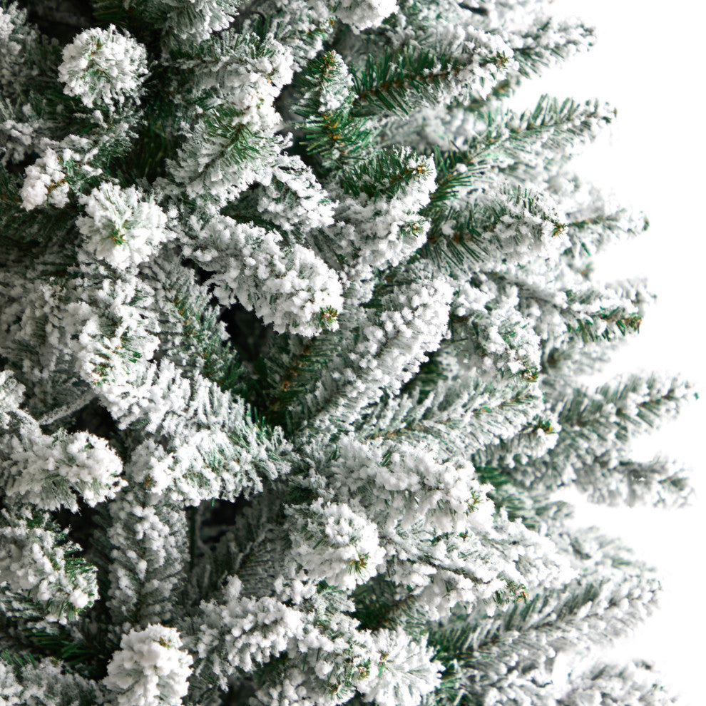 8' Slim Flocked Montreal Fir Faux Xmas Tree W/ White Lights & Bendable Branches