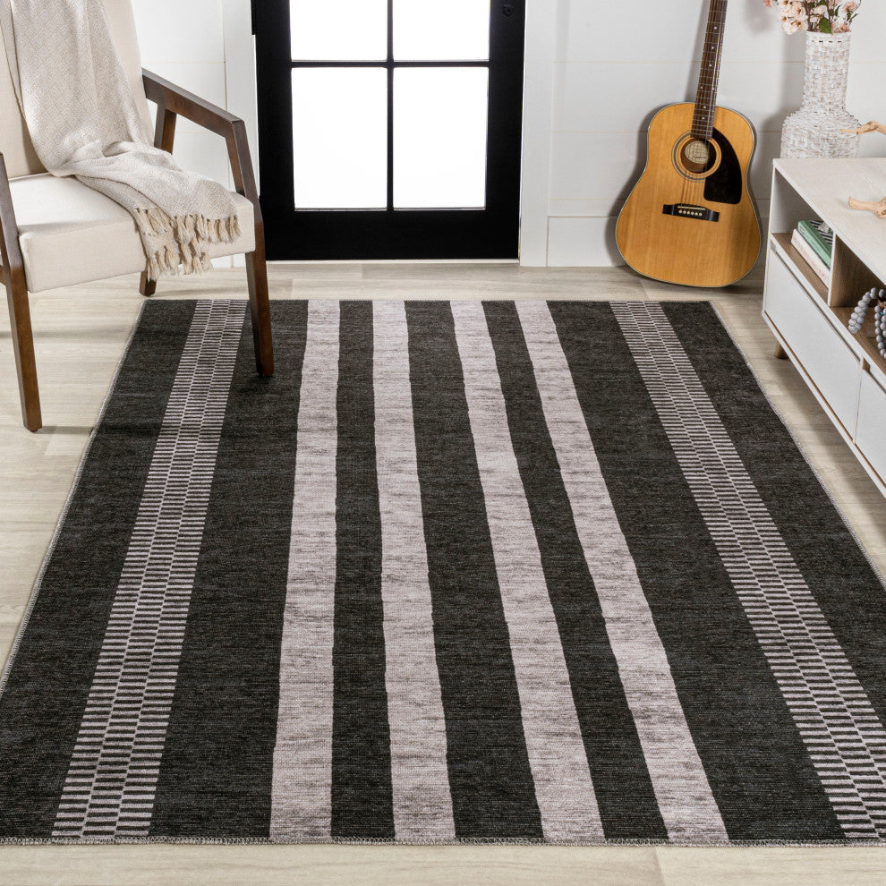 Vichy Geometric Striped Machine-Washable Area Rug, Black/Ivory, 8x10