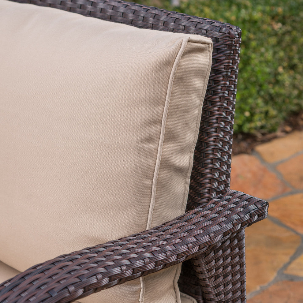 GDF Studio Hilary Outdoor Brown Wicker Loveseat With Water Resistant Cushions, Brown/Tan