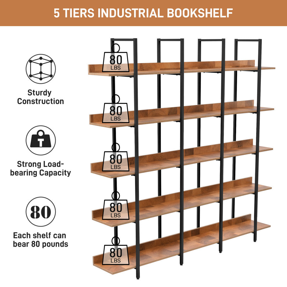 TATEUS Bookcase Home Office Bookshelf, Vintage Industrial Style Shelf 5 tier, Black/Brown