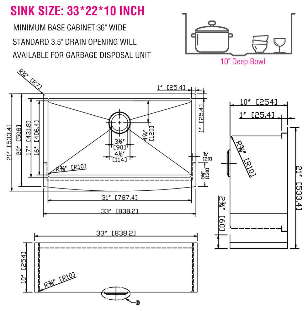 33" L X 21" W Farmhouse Kitchen Sink