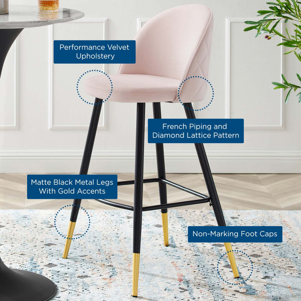 Bar Stool Chair Barstool, Set of 2, Velvet, Metal, Pink, Modern, Bar Pub Bistro