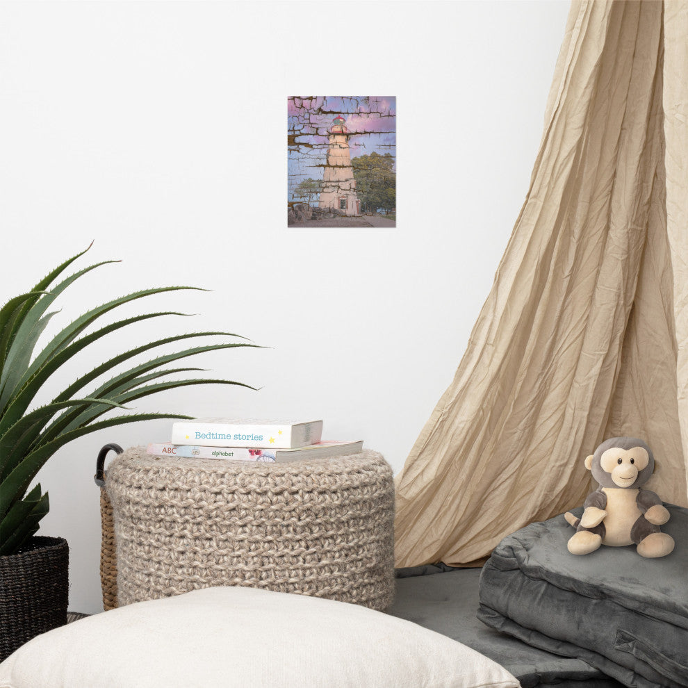 Faux Wood Texture Marblehead Lighthouse at Sunset Unframed Wall Art Prints, 8" X 10"