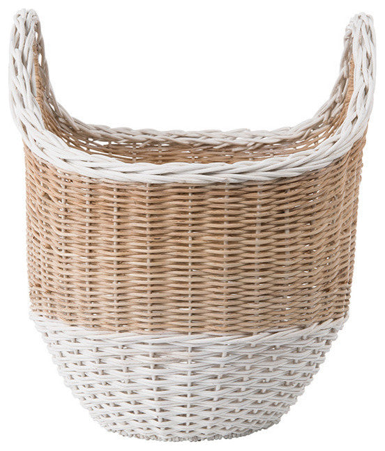 Oval Tote Decorative Wicker Storage Basket, Natural and White