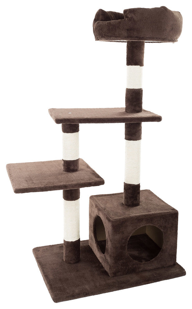 4-Tier Cat Tree 43" Brown White Scratching Posts, Perch Platforms, and Cat Condo