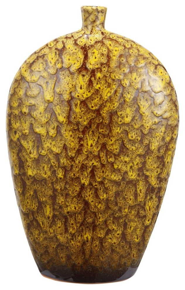 Ceramic Vase With Dripping Glazed Texture, Yellow and Brown