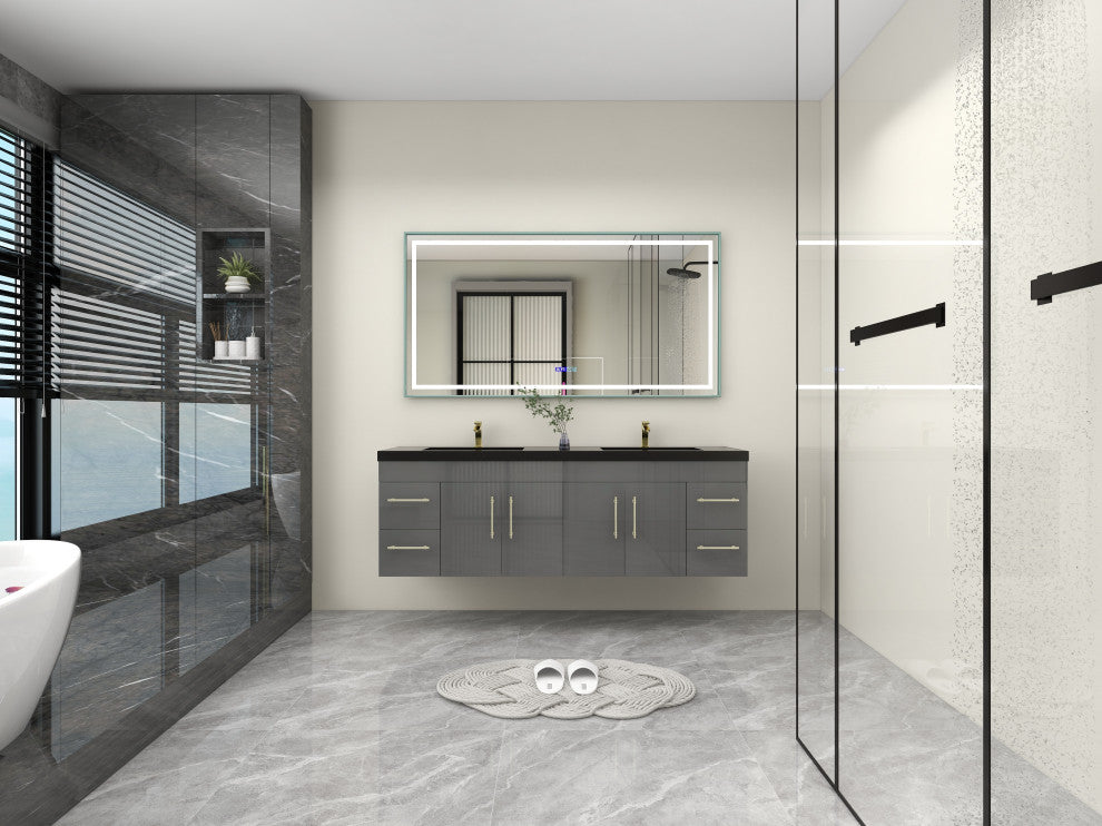 Rosa 72" Wall Mounted Modern Vanity, High Gloss Gray, Matt Black Top