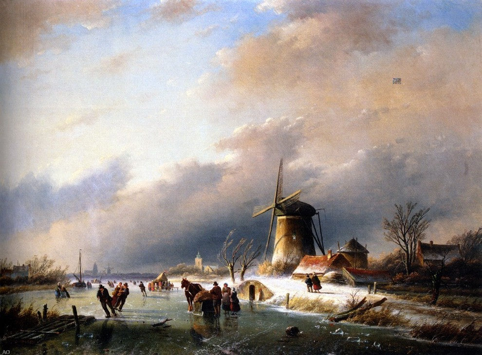Jan Coenraad Spohler Figures Skating on a Frozen River Wall Decal