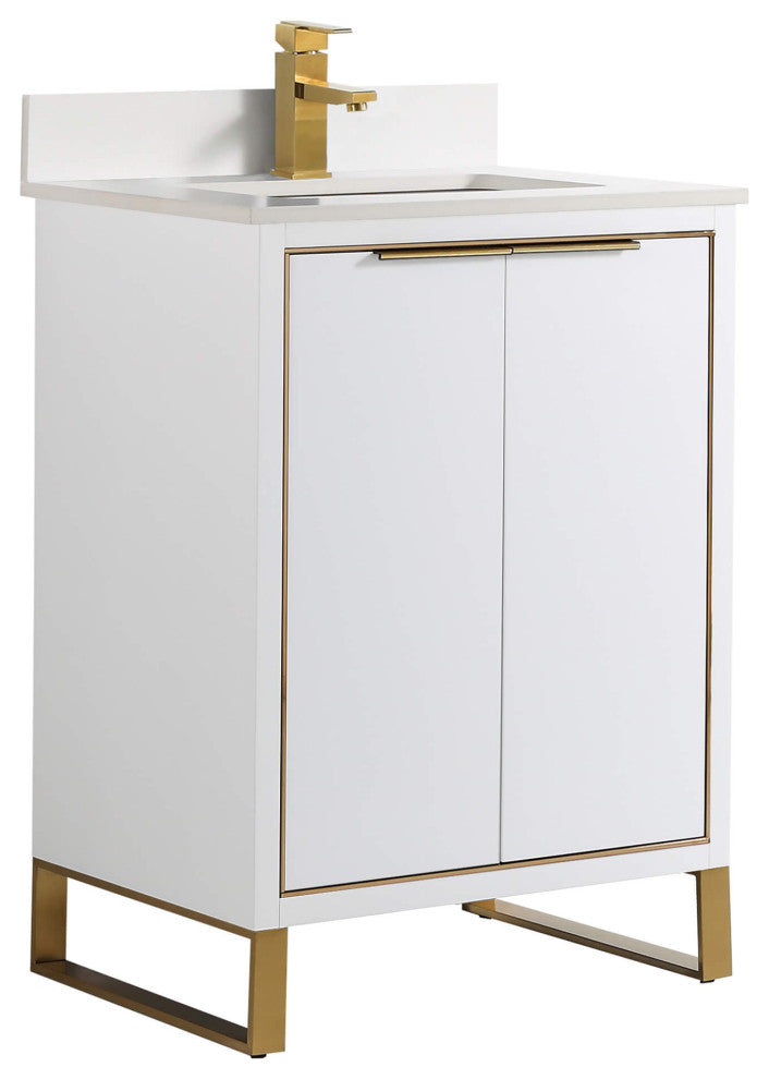 Opulence Bath Vanity, White Matte, 24", Satin Brass Hardware, White Top