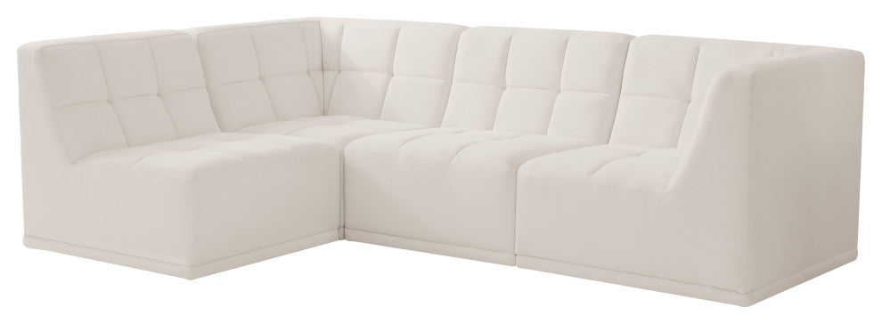 Relax Velvet Upholstered 4-Piece L-Shaped Modular Sectional, Cream