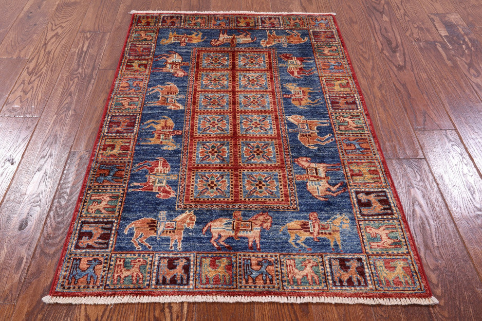 2' 9" X 4' 1" Handmade Antiqued Pazyryk Historical Design Wool Rug Q10883