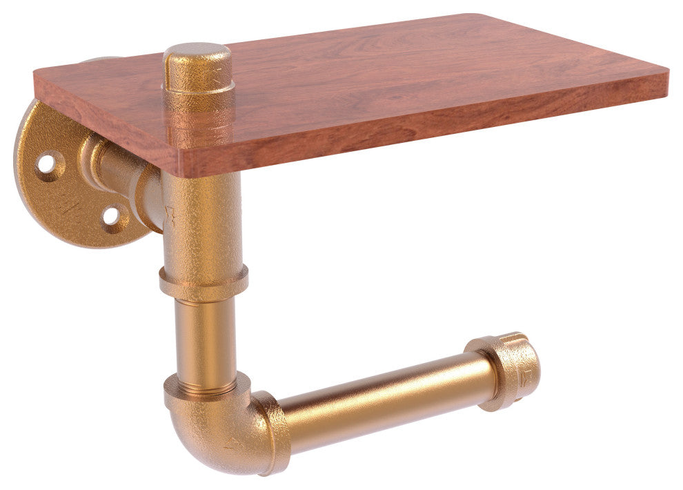 Pipeline Toilet Paper Holder with Wood Shelf, Brushed Bronze