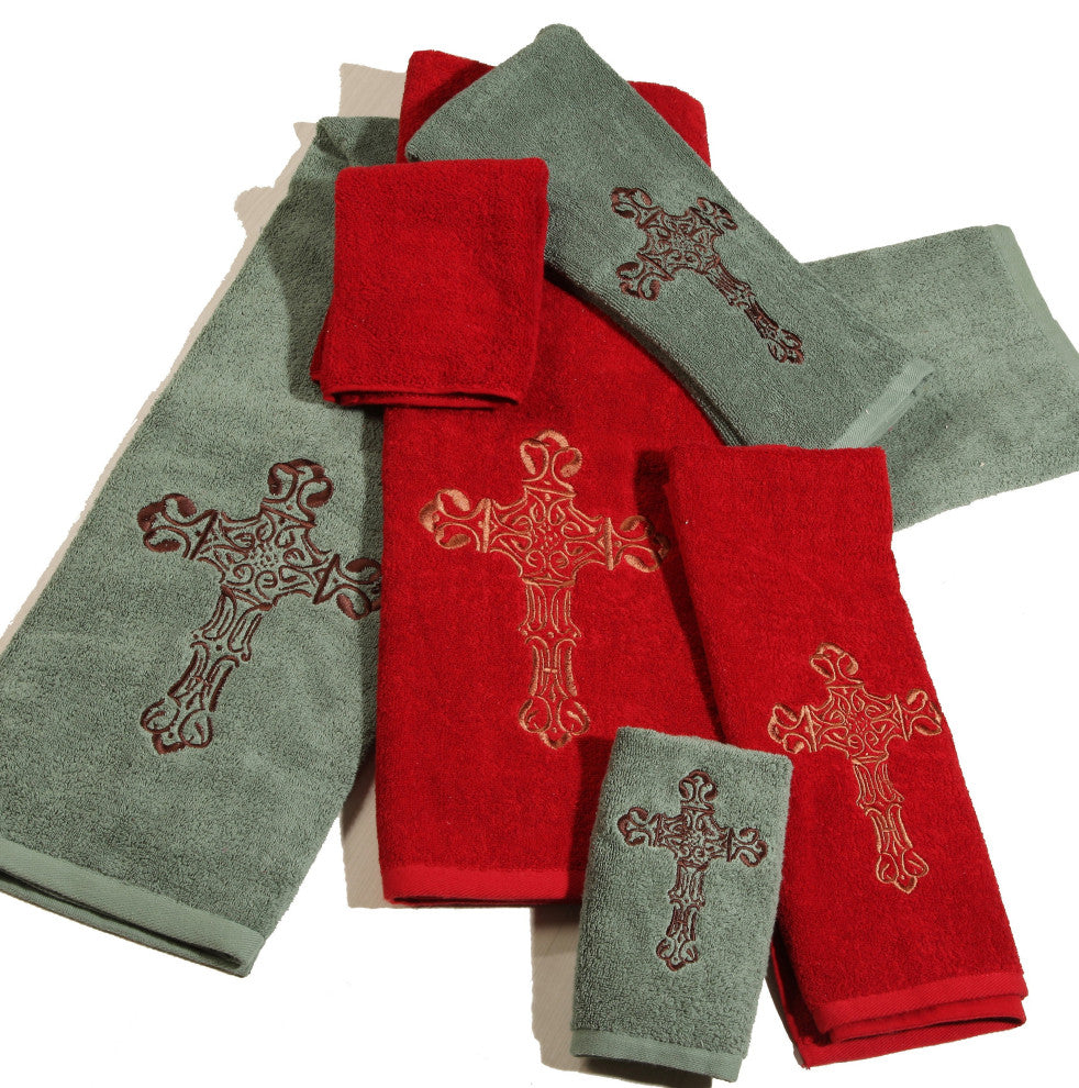 Embroidered Cross Towel Set, Mocha, 3 Piece, Turquoise