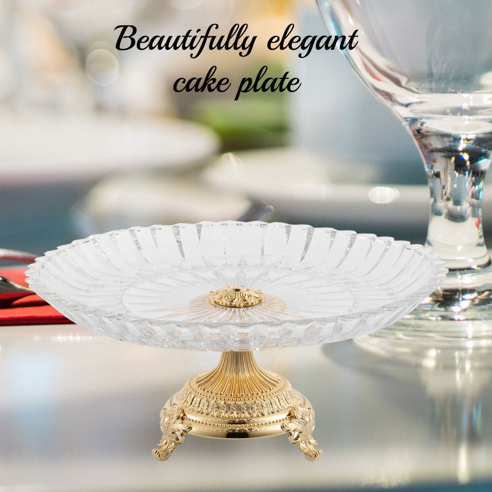 Crystal Cake Dish Round Serving Platter With 24K Gold Plated Pedestal Base