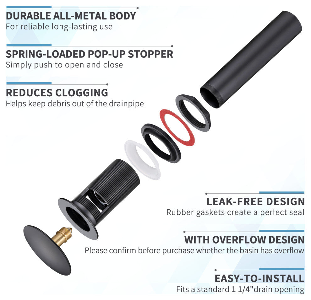 HEATGENE Bathroom Sink Drain, Pop Up Drain, Matt Black, With Overflow