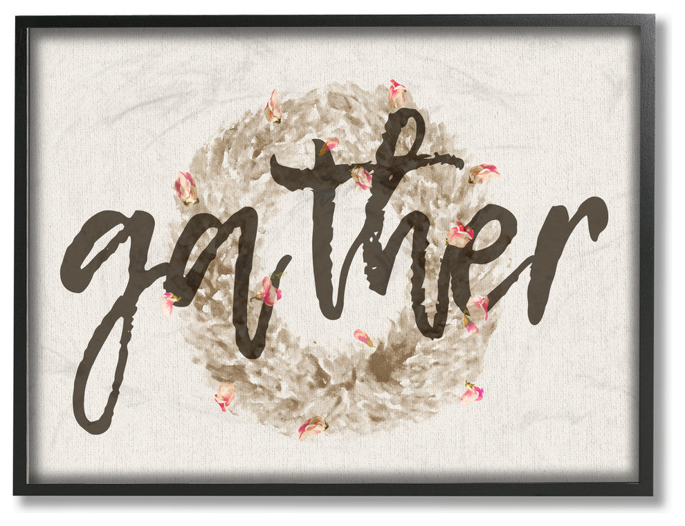 "Gather Typography Strawflower Wreath", 11 X 14, Framed Giclee Texturized Art