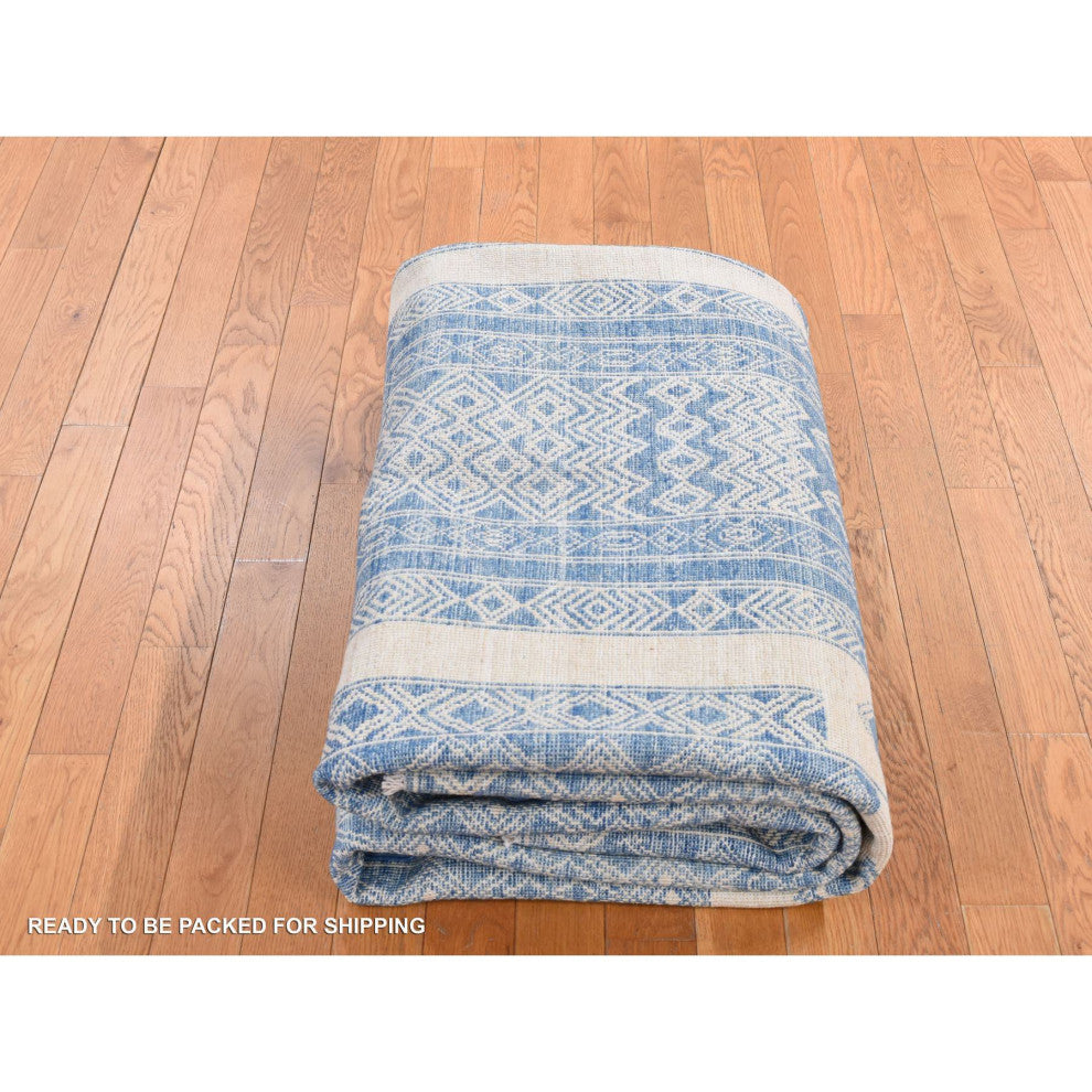 Medium Sapphire Blue, Pure Wool, Fine Peshawar Hand Knotted Rug, 7'10"x9'8"