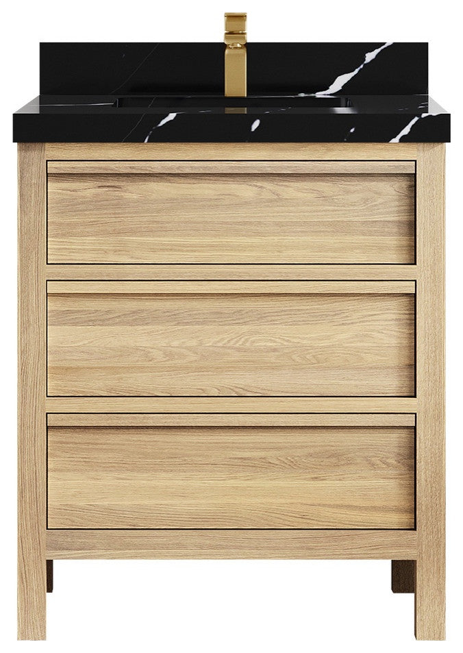 Elizabeth Oak 30" Single Sink Vanity, White 2" Calacatta Black
