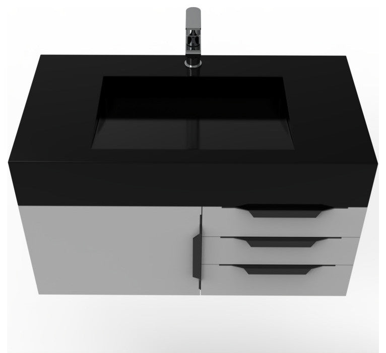 CastelloUSA Nile 36" Wall Mounted Vanity Set, Gray, Black Top, Black Handles