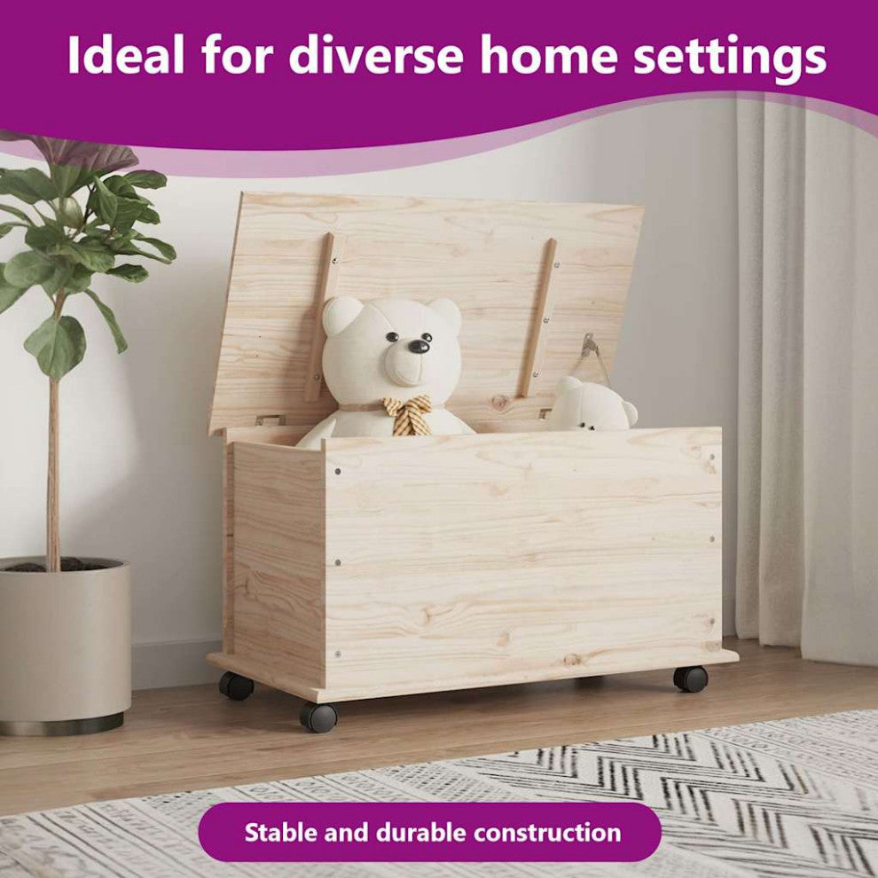 vidaXL Storage Chest Storage Trunk Toy Box with Wheels ALTA Solid Wood Pine, Natural, 1 Pcs
