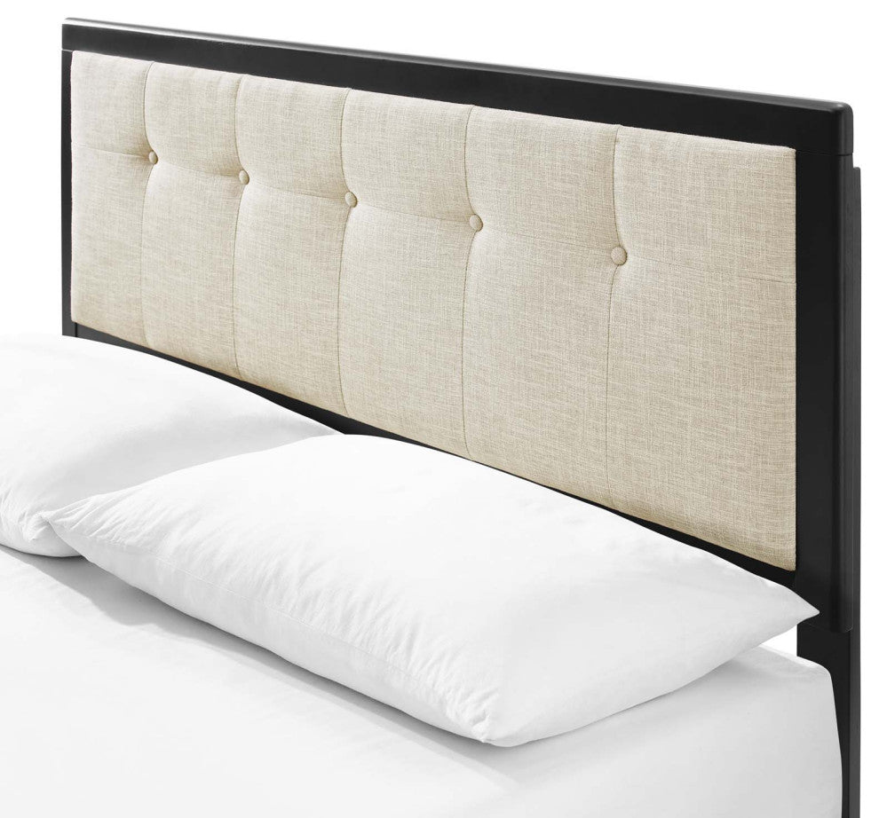 Platform Bed Frame, Queen Size, Fabric, Wood, Black Beige, Modern Mid-Century