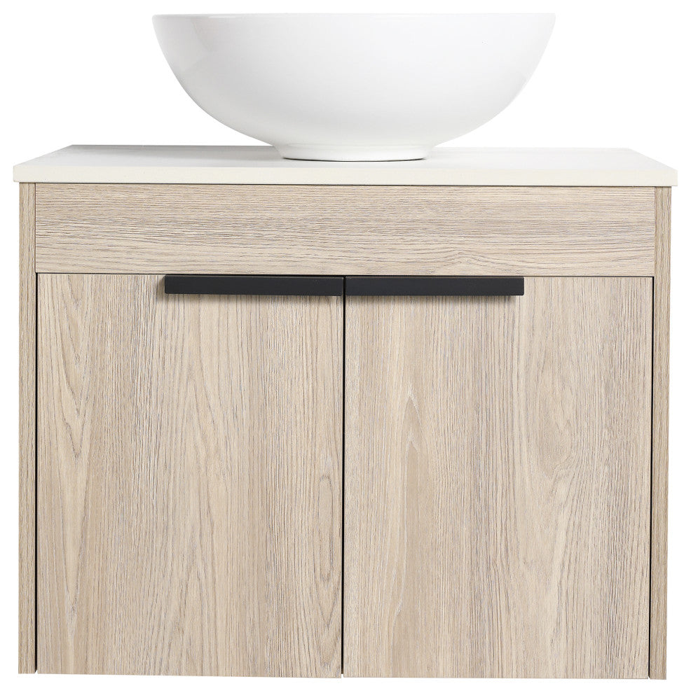 Wall-Mounted Bath Vanity, White Oak, White Ceramic Vessel Sink