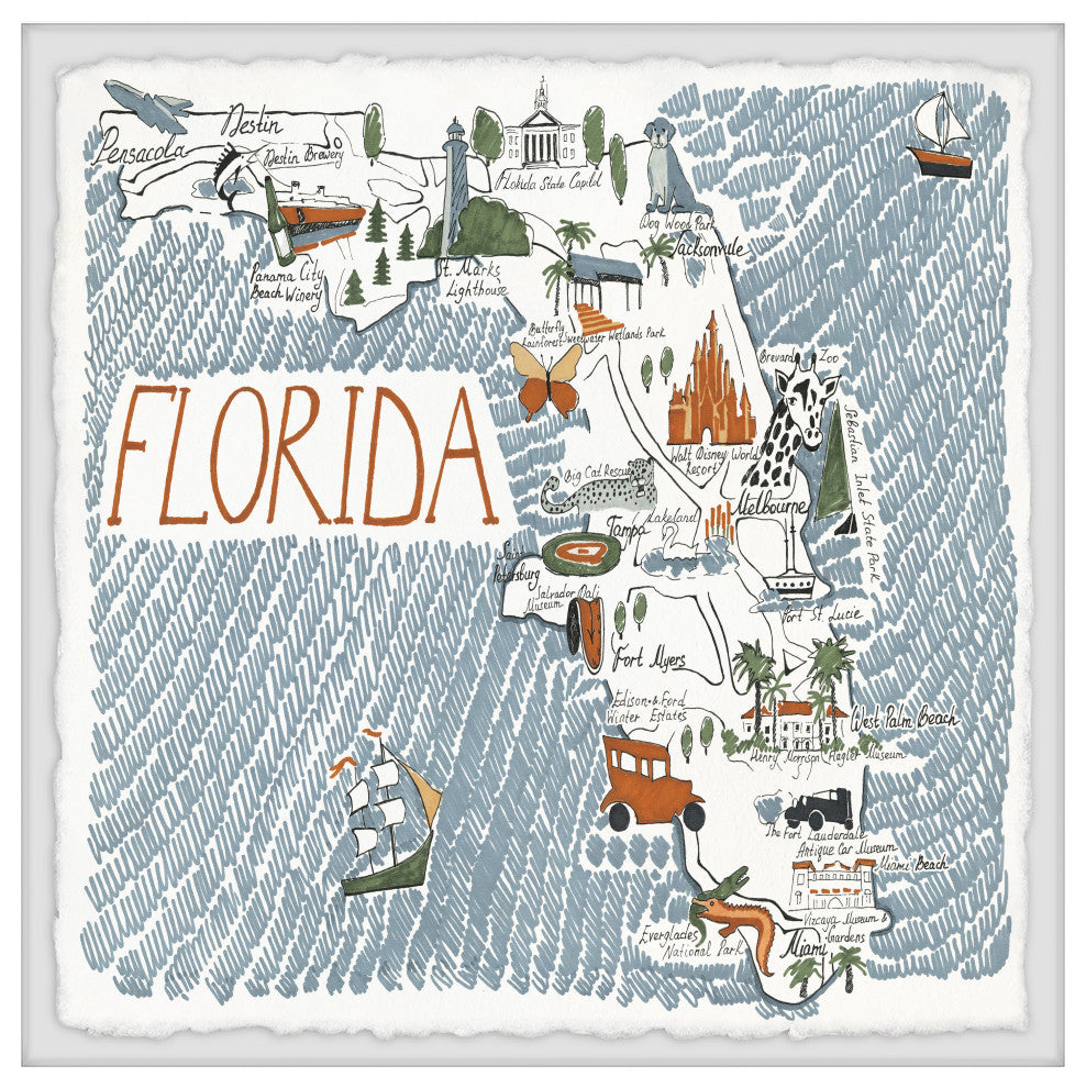 "Florida Illustrated Map II" Framed Painting Print, 24x24