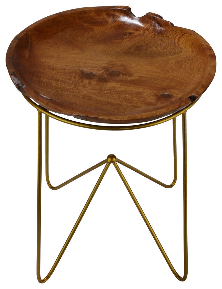 Bare Decor Paolo End Table With Teak Wood Top With Gold Finish Metal Legs