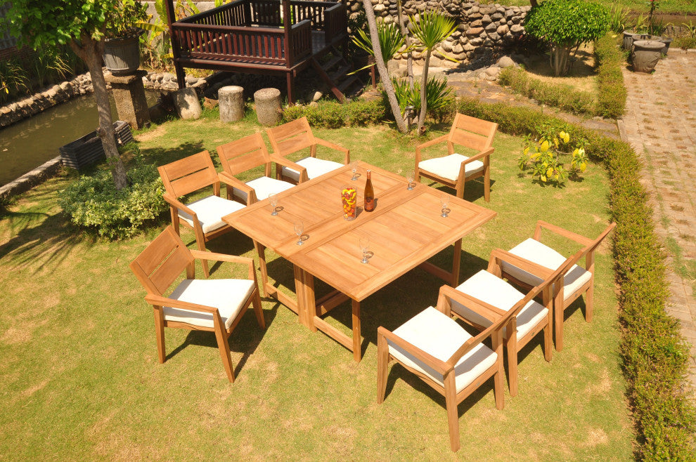 9-Piece Outdoor Teak Set: 60" Square Butterfly Table, 8 Celo Stacking Arm Chairs
