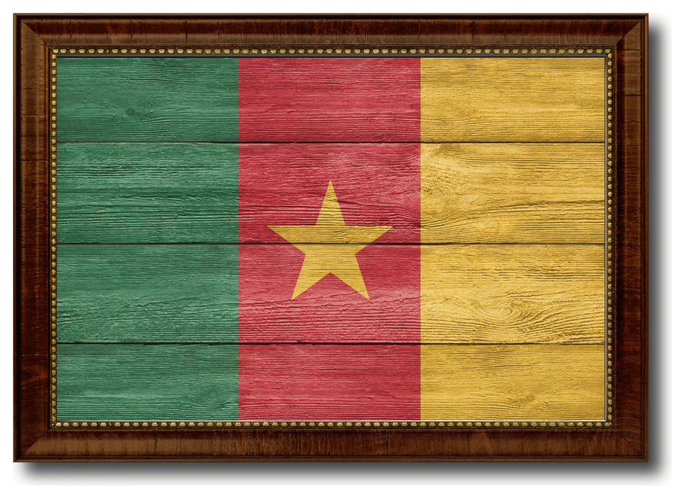 Cameroon Country Textured Flag Print With Brown Gold Frame, 19"X27"