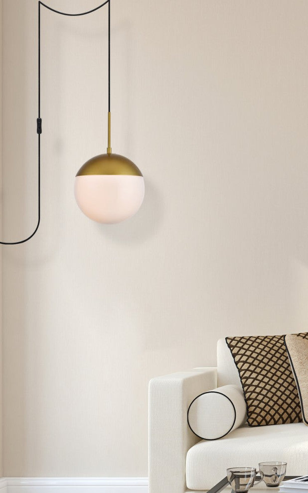 Elsa 1-Light Brass Plug-In Pendant With Frosted White Glass