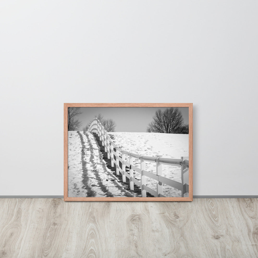 Endless Fences in Black & White Rural Landscape Framed Photo Paper Art Prints, Red Oak, 18" X 24"