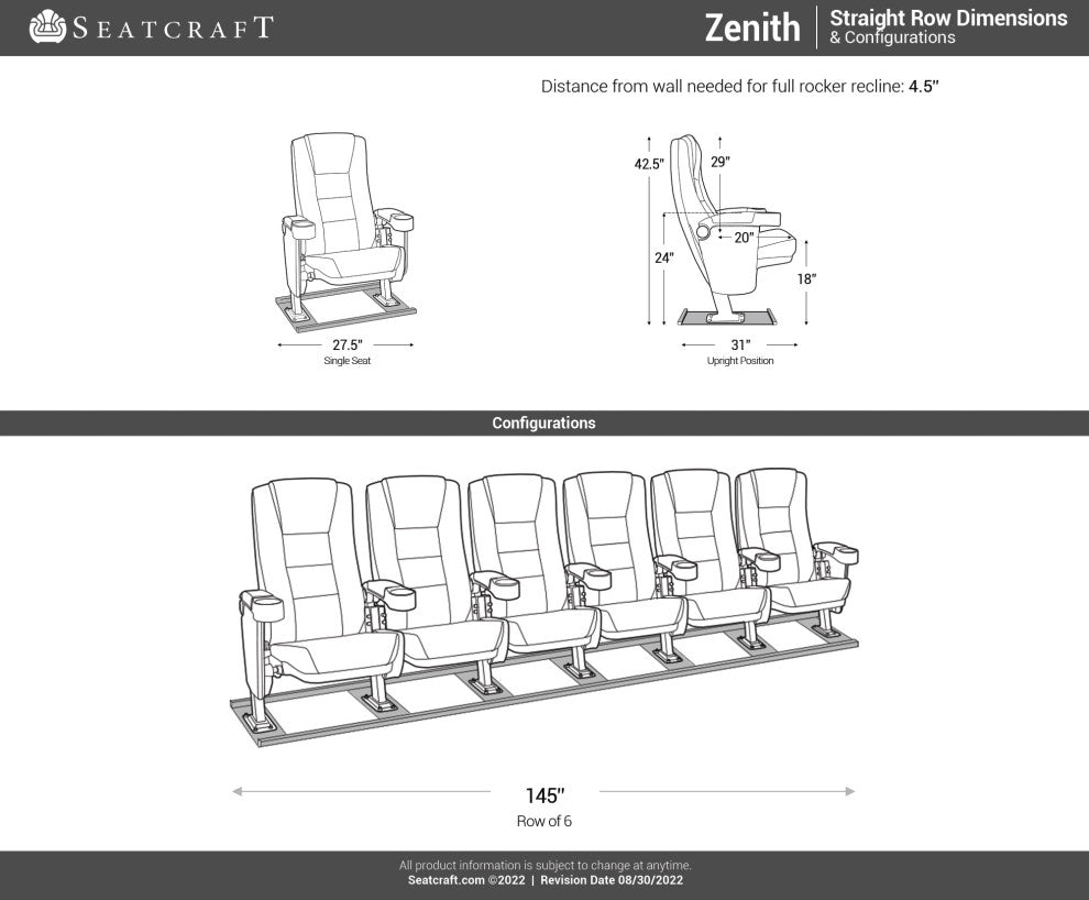 Seatcraft Zenith Movie Theater Seating, Black, Row of 6