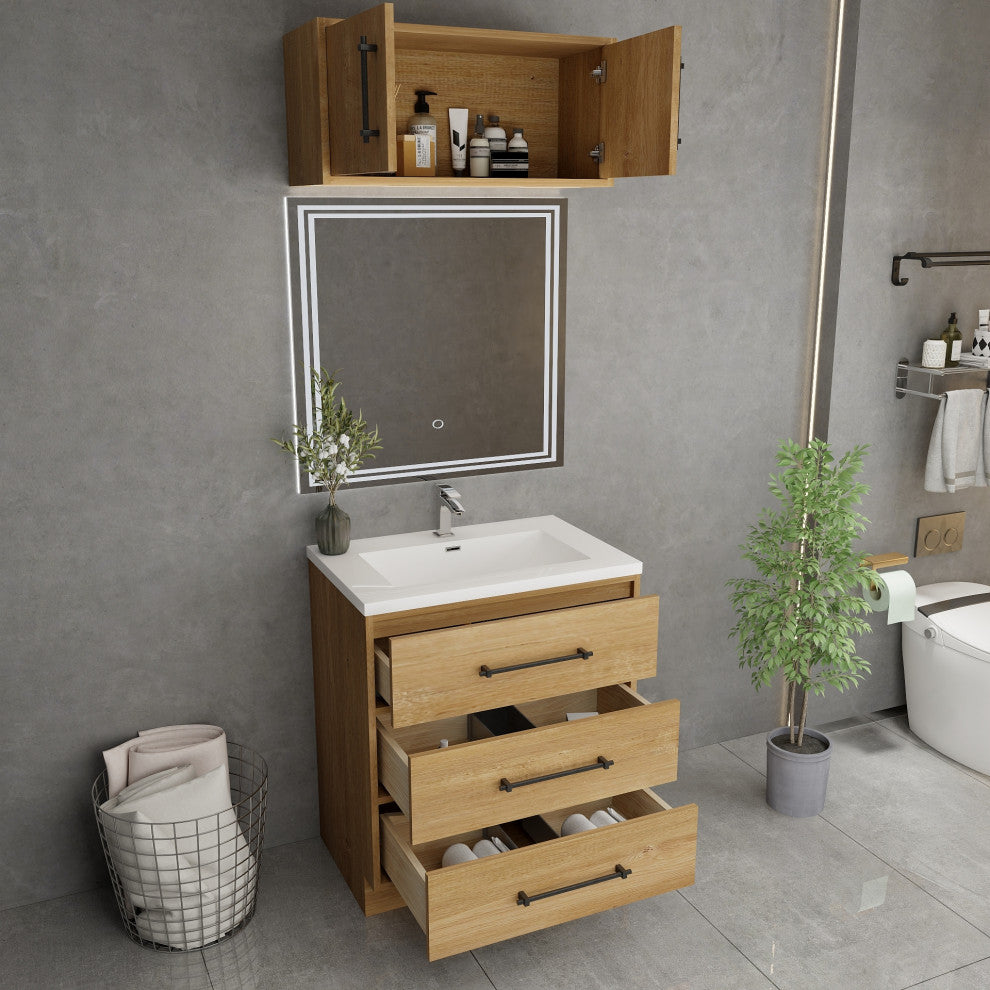 Victoria 30" Solid Wood Bath Vanity, Overhead Cabinet, Oak
