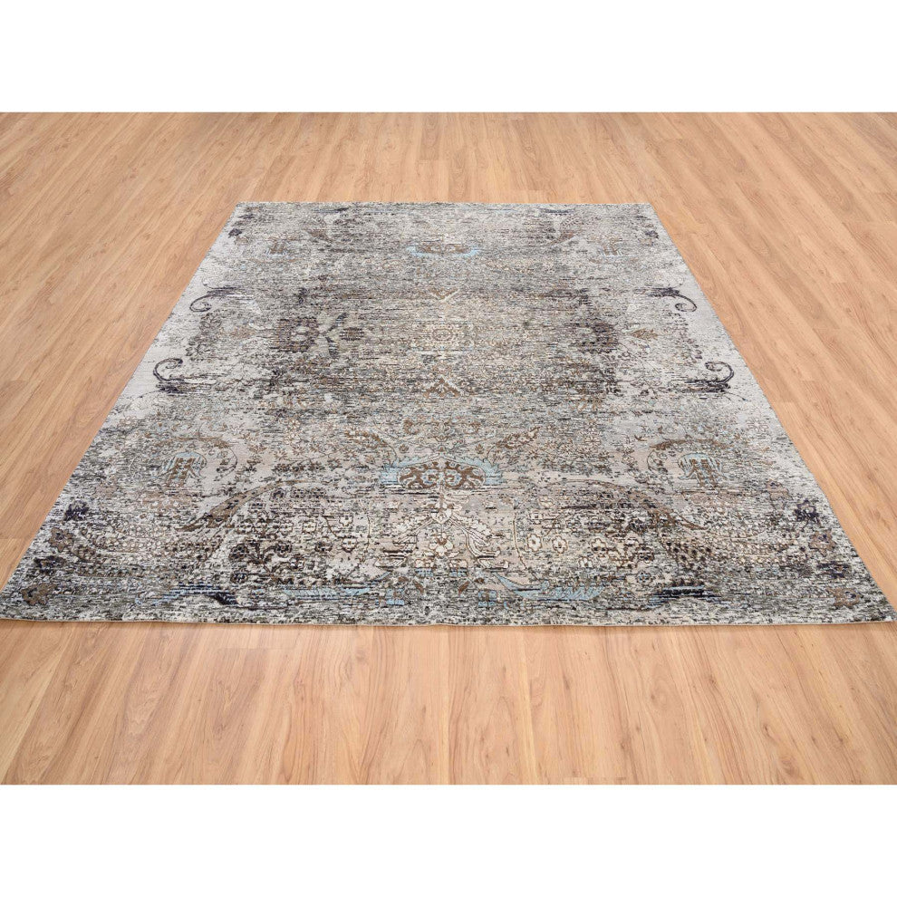 Gray, Hand Knotted, Modern, Silk with Textured Wool, Square Rug, 8'0" x 8'1"