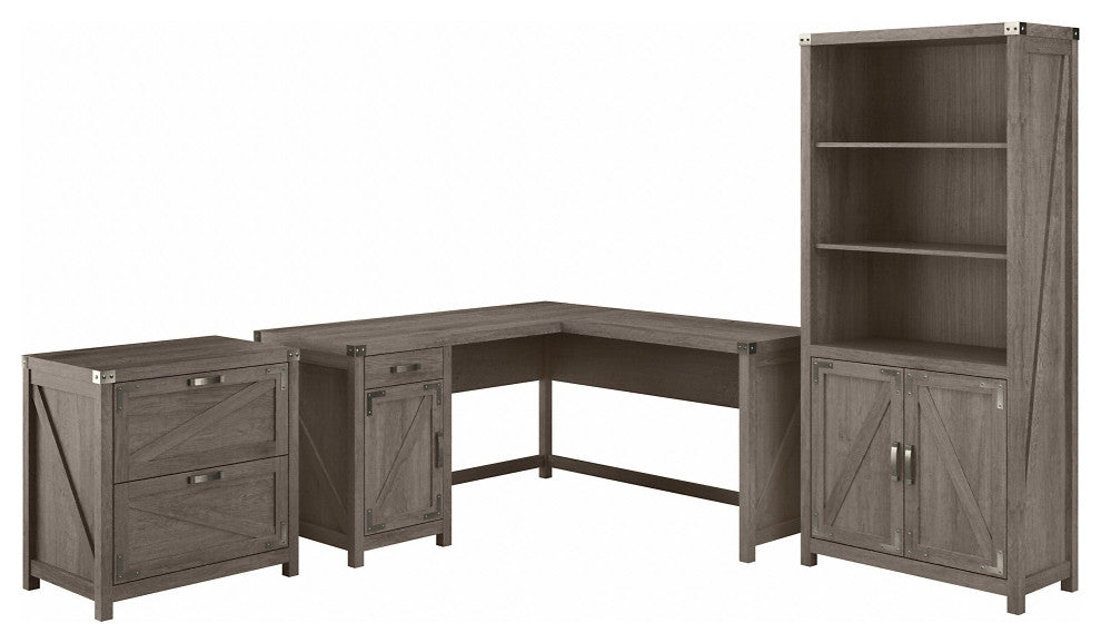 kathy ireland Cottage Grove 60 L Shaped Desk, Cabinet & Bookcase, Restored Gray