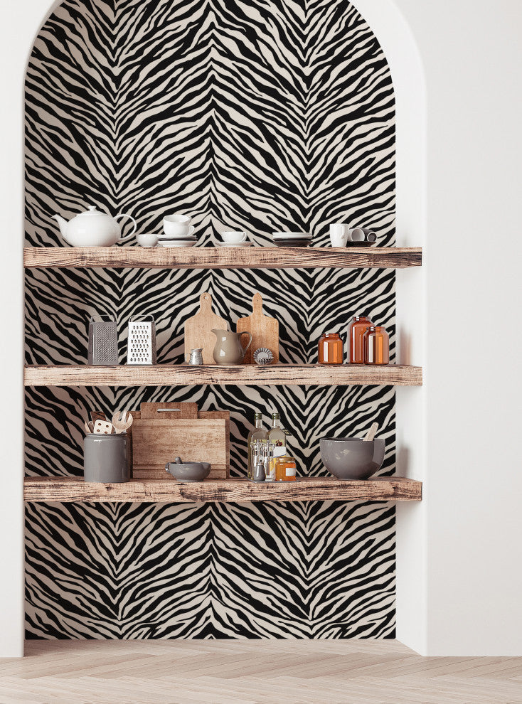 Zebra Print Peel and Stick Vinyl Wallpaper, Black, 24"w X 60"h