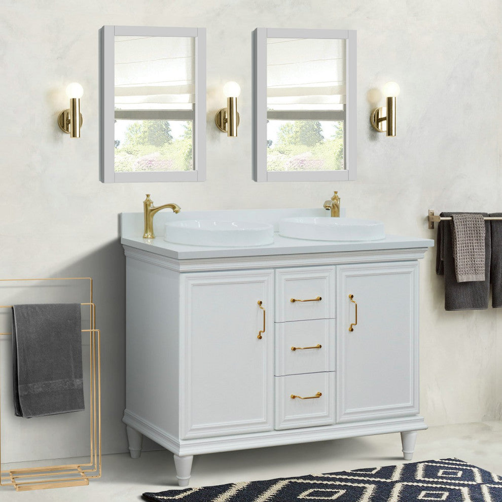 49" Double Vanity In White Finish With White Engineered Stone Top And Round Sink