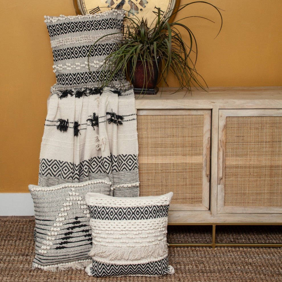 Boho Beige and Black Handloom Weave Throw With Decorative Tassels
