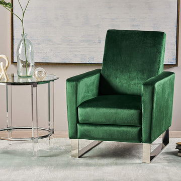 Modern Velvet High Leg Recliner with Stainless Steel Legs, Push-Back Design, Emerald