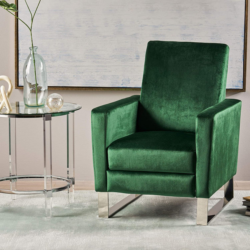 Modern Velvet High Leg Recliner with Stainless Steel Legs, Push-Back Design, Emerald