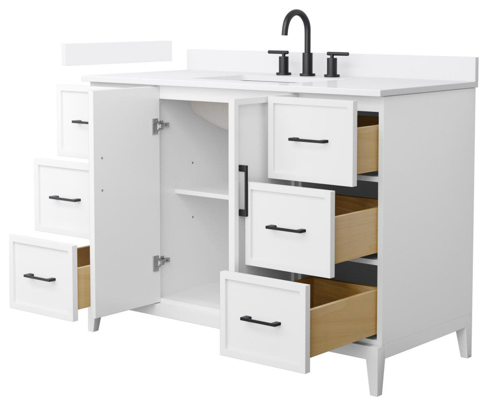 Elan 48" Single Vanity, White, White Quartz Top, 3-Hole, Black Trim