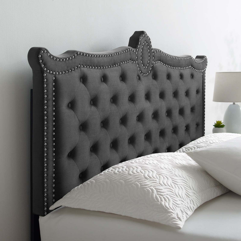 Platform Bed Frame, Nailhead, Queen Size, Charcoal Gray, Velvet, Modern