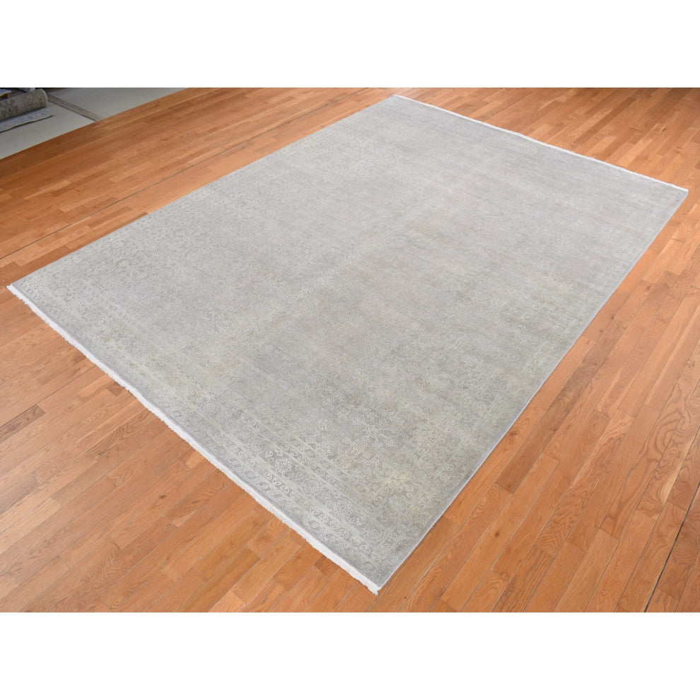 Battleship Gray, Silk With Wool, Tone on Tone, Hand Knotted, Rug, 8'10"x12'