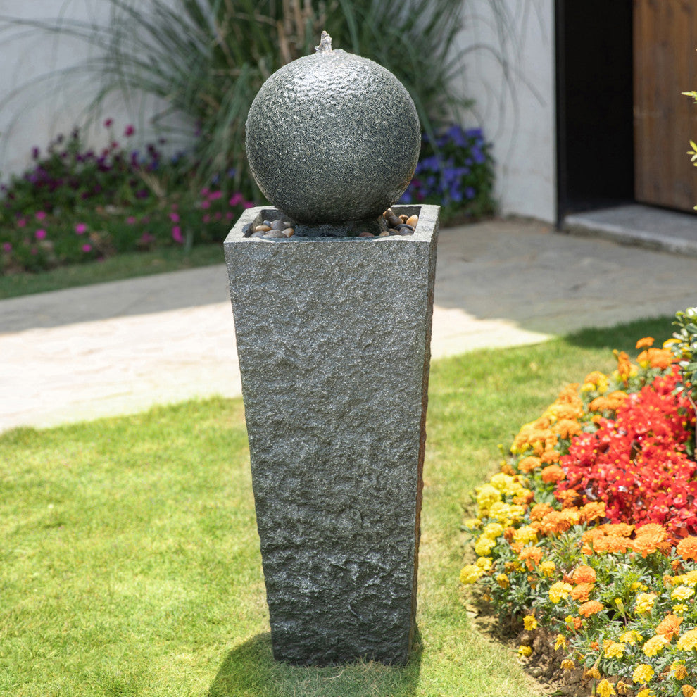 Geometric Pedestal and Sphere Polyresin Outdoor Fountain With LED Light and Pump